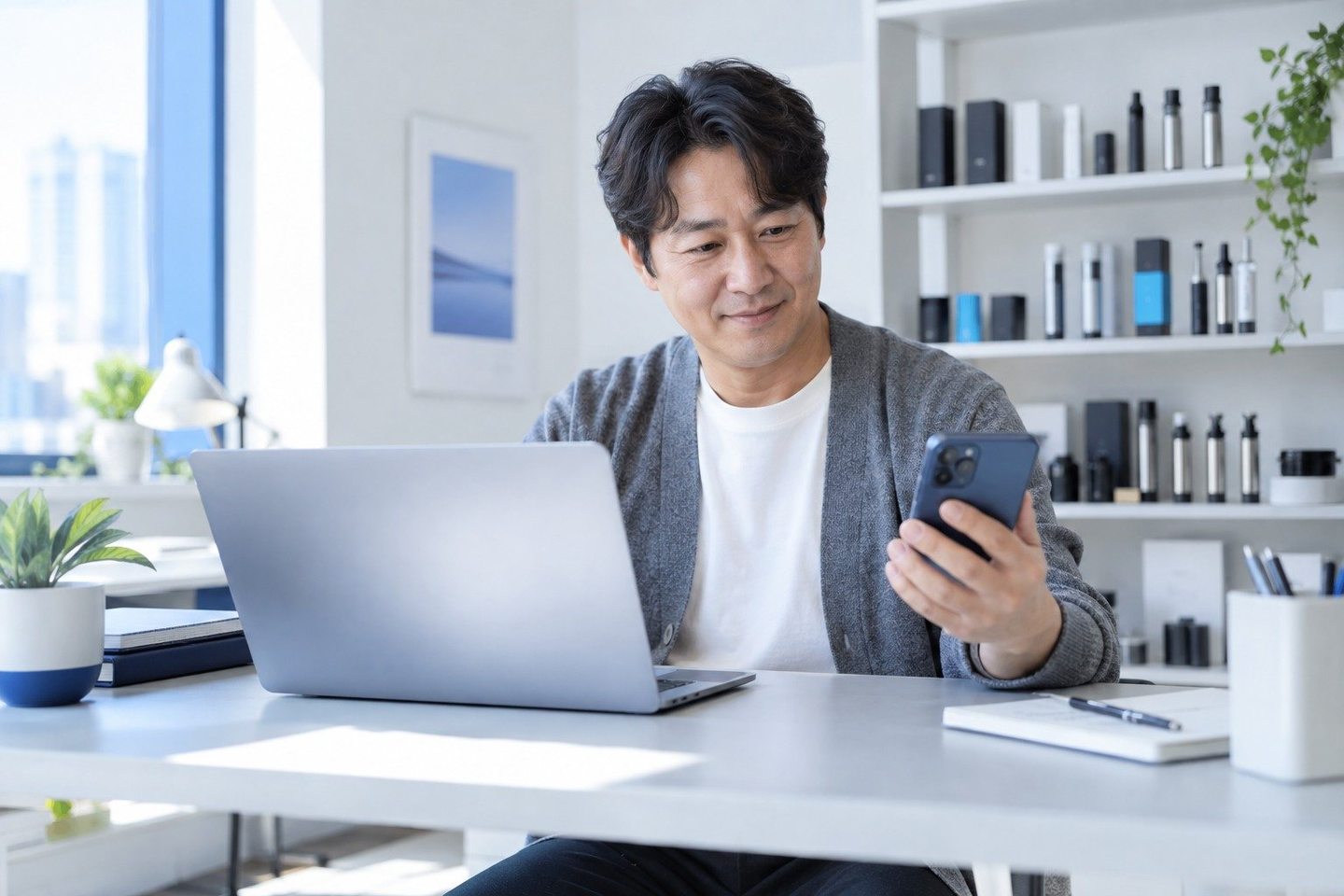 밝은 업무 공간에서 노트북을 사용하는 남성 — 오늘 받은 결제는 통장에 언제 들어올까요?