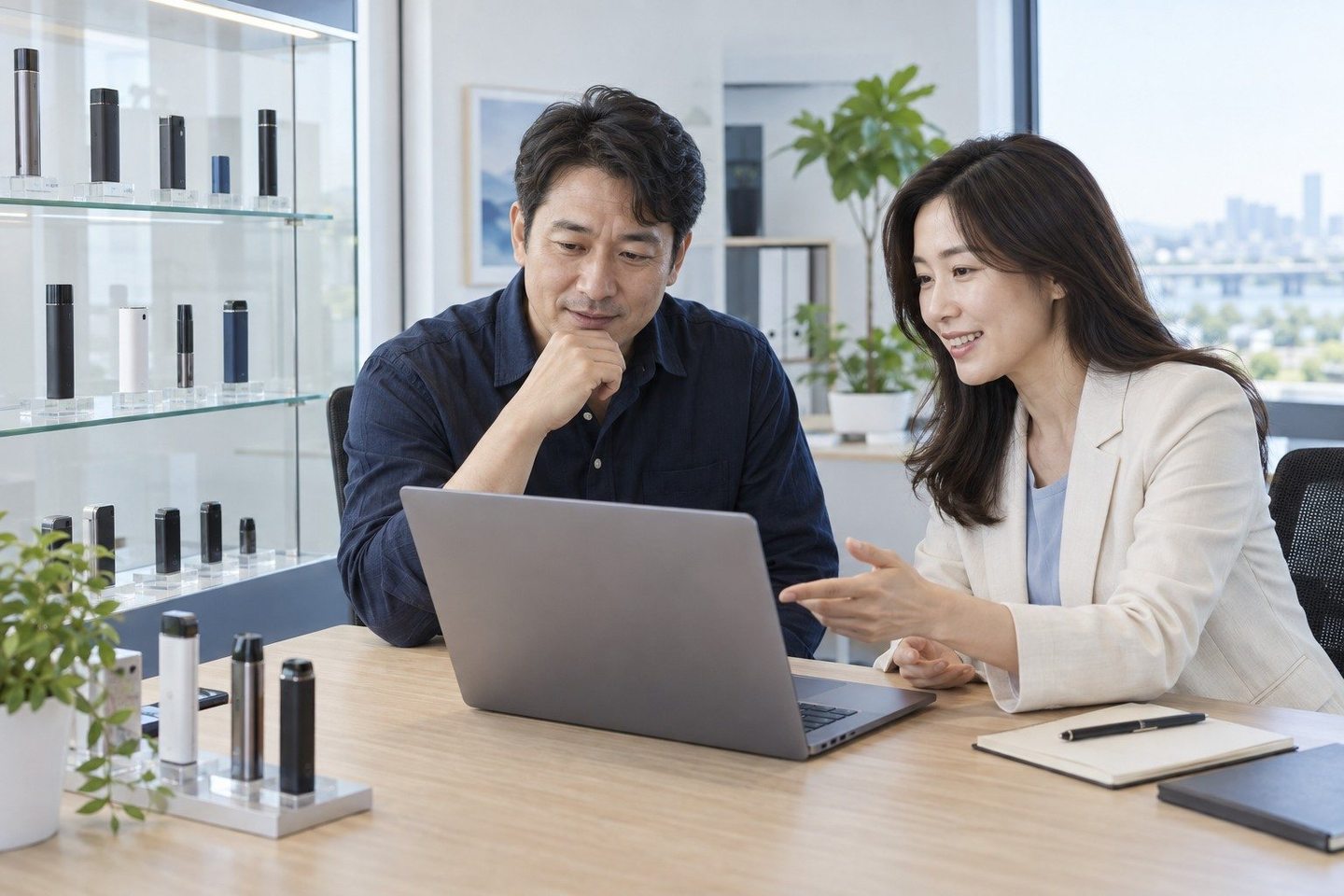 화면과 자료를 함께 검토하는 두 사람 — PG결제 신청 무료 개통무료 개통, 어디까지가 0원일까요? 연락 주시면 견적을 세 토막으로 나눠 읽어 드립니다.